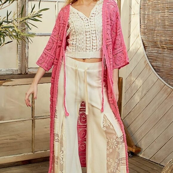 POL Sweaters - P1926 New POL Tied Crochet 3/4 Sleeve Longline Cardigan